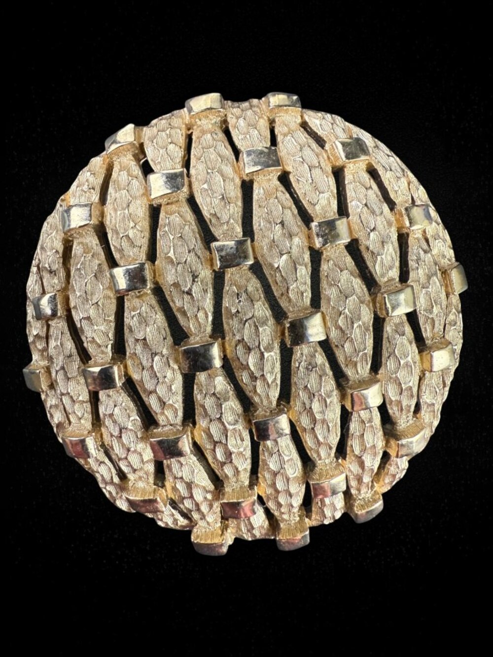 Vintage Trifari Gold Tone Textured Openwork 2" Brooch Pin